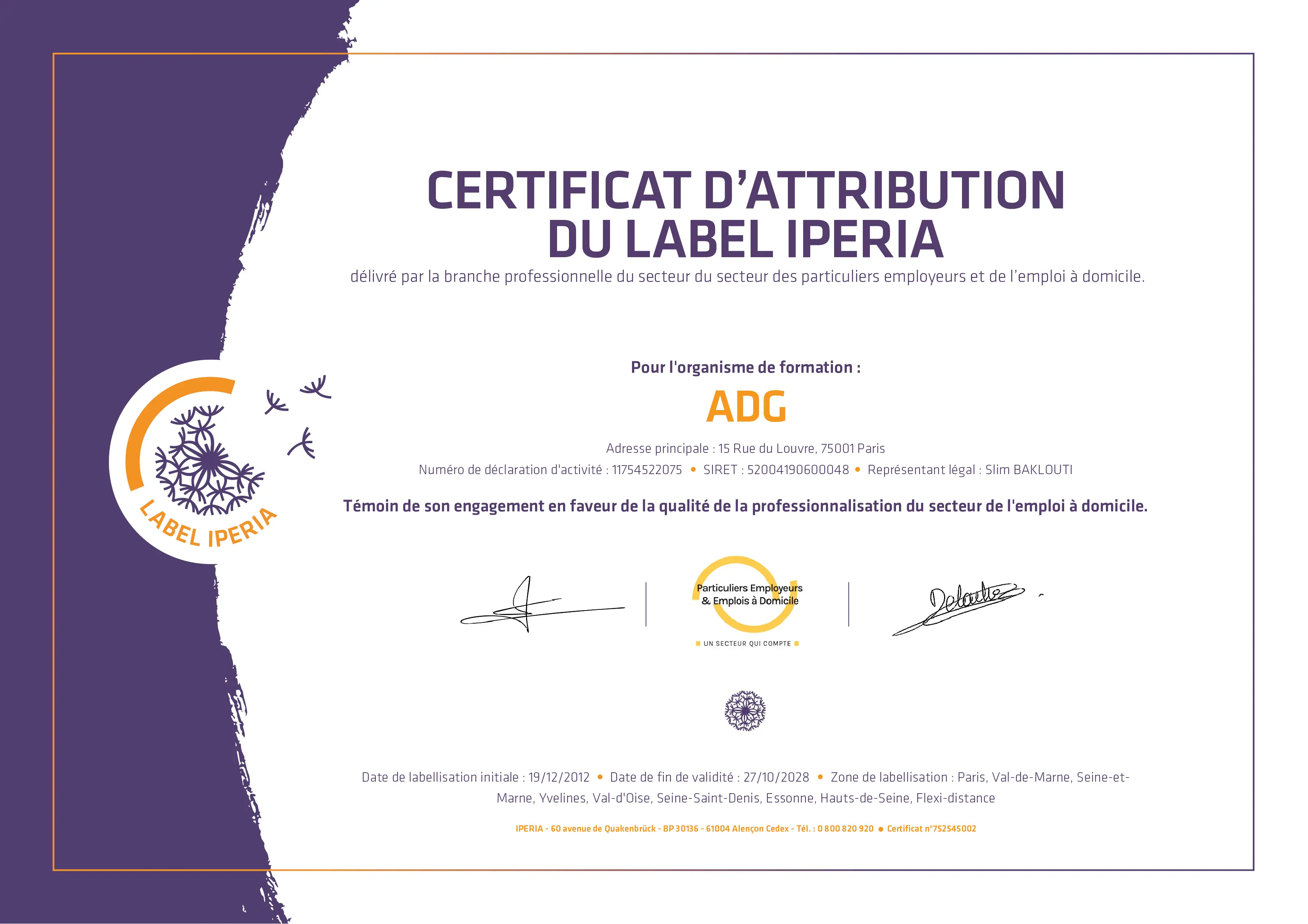 Certificat Label IPERIA